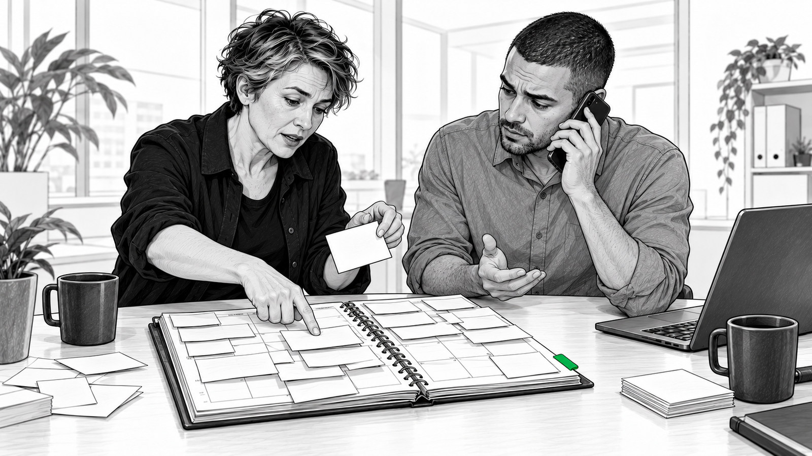 Zwart-witillustratie van twee collega's die een volle planning bekijken en telefonisch een afspraak met de klant bespreken. Een klein groen tabje markeert de agenda.